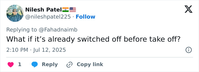 Twitter user Nilesh Patel responding with a question about fuel switch off before takeoff related to Air India pilot incident.