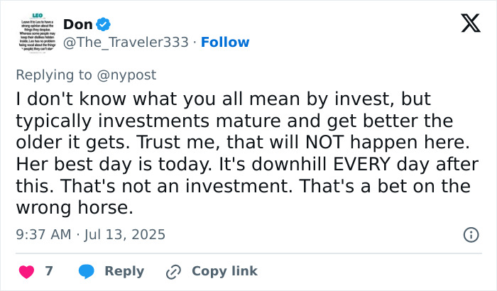 Tweet discussing investment misconceptions with emphasis on a bet on the wrong horse in an online reply.