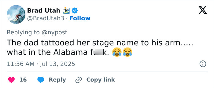 Tweet by Brad Utah reacting with humor about a father tattooing his daughter's OnlyFans stage name on his arm.