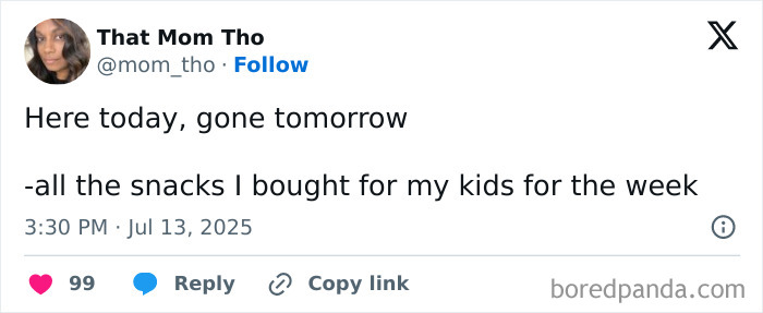 Screenshot of a funny tweet by a mom about snacks disappearing quickly, highlighting humor in parenting moments.