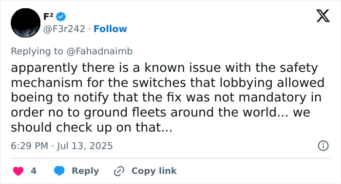 Screenshot of a tweet discussing safety mechanism issues related to Air India pilot deliberately shutting off fuel incident.
