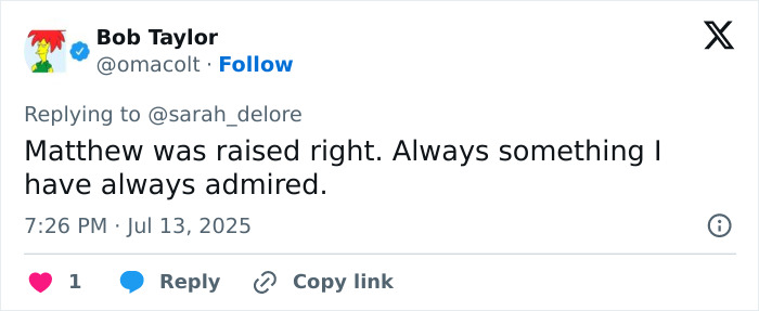 Tweet praising Matthew McConaughey&rsquo;s gentlemanly gesture towards British royalty at Wimbledon final.