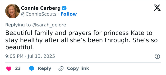 Tweet screenshot showing Connie Carberg sending prayers and support for princess Kate's health and wellbeing.