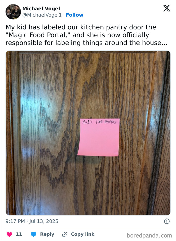 Post-it note labeled Magic Food Portal on a wooden kitchen pantry door by a parent sharing funny moments.