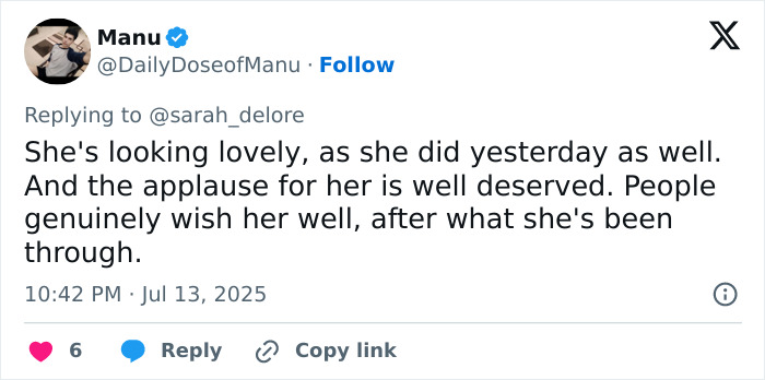 Screenshot of a tweet praising a woman&rsquo;s appearance and support after challenges, highlighting Matthew McConaughey Wimbledon gesture.