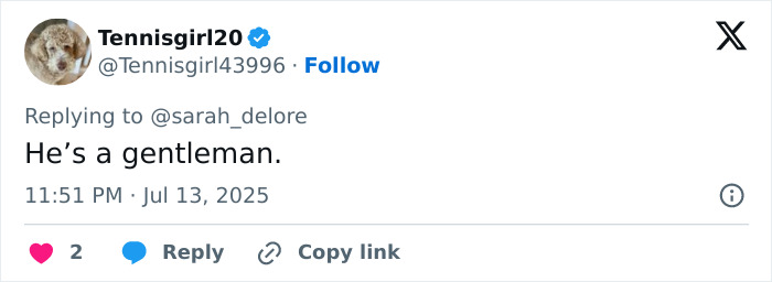 Tweet from user Tennisgirl20 praising Matthew McConaughey as a gentleman for his gesture toward British royalty at Wimbledon.