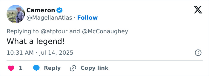 Tweet from Cameron praising Matthew McConaughey hailed as gentleman for his gesture to British royalty at Wimbledon final.