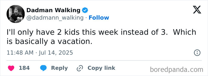 Screenshot of a funny tweet by a dad sharing humor about parenting chaos and managing kids during the week.