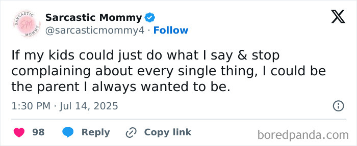 Screenshot of a funny parenting tweet from Sarcastic Mommy about kids and the chaos of being moms and dads.