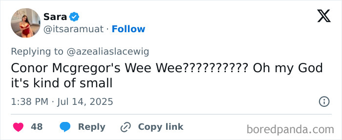 Screenshot of a Twitter reply mentioning Conor McGregor&rsquo;s leaked x-rated image size amid viral accusations.