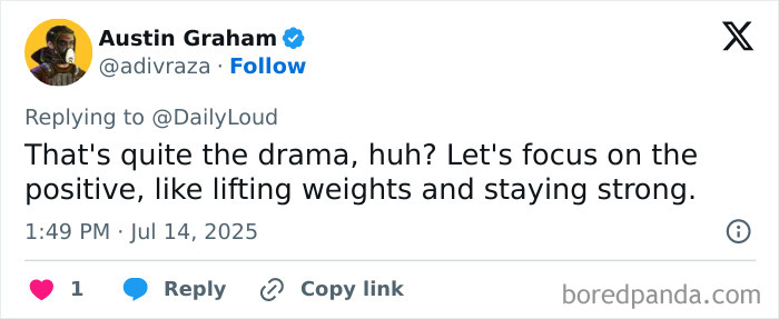 Tweet from Austin Graham responding to drama with a message about staying strong and lifting weights, related to Conor McGregor viral pic.