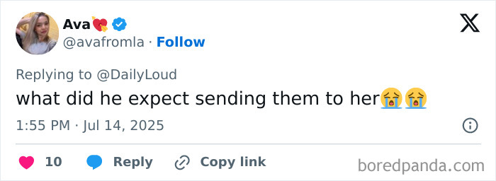 Tweet from Ava with a crying emoji reacting to Conor McGregor's leaked X-rated pic amid accusations by Azealia Banks.