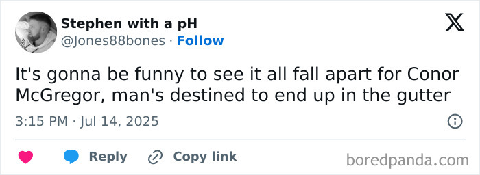 Tweet from Stephen with a pH commenting on Conor McGregor&rsquo;s controversial situation amid viral leaked X-rated content.