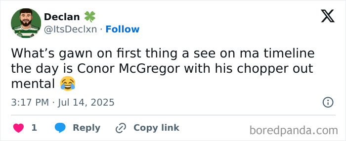 Screenshot of a tweet reacting to Conor McGregor&rsquo;s leaked X-rated pic going viral on social media.