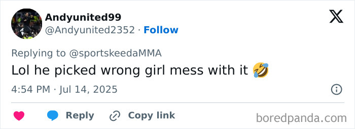 Tweet from Andyunited99 reacting to Conor McGregor&rsquo;s leaked X-rated pic going viral with a laughing emoji.