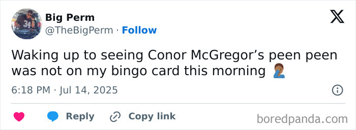 Screenshot of a tweet reacting to Conor McGregor's leaked X-rated pic going viral on social media.