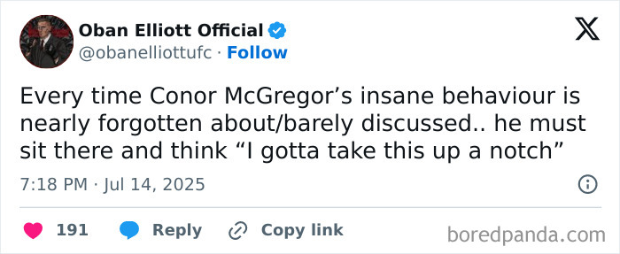 Tweet by Oban Elliott Official about Conor McGregor&rsquo;s behavior amid leaked X-rated pic and Azealia Banks&rsquo; accusations with proof.