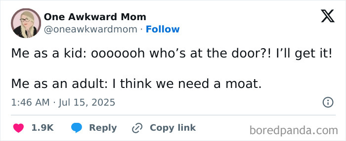Tweet from a mom humorously comparing childhood eagerness to answer the door with adult desire for a moat amid parenting chaos.