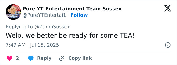 Tweet from Pure YT Entertainment Team Sussex expressing excitement about upcoming drama, related to Kate Middleton’s ex-assistant jab at Meghan Markle. - 9