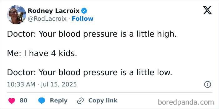 Tweet from a parent humorously discussing blood pressure and having four kids, showcasing funny moments from moms and dads.
