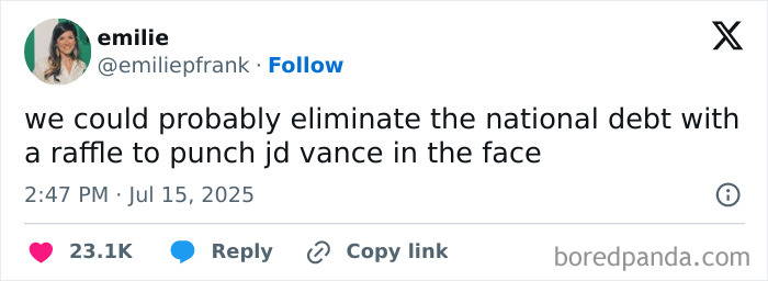 Tweet about eliminating the national debt with a humorous raffle, showcasing hilarious tweets from July.