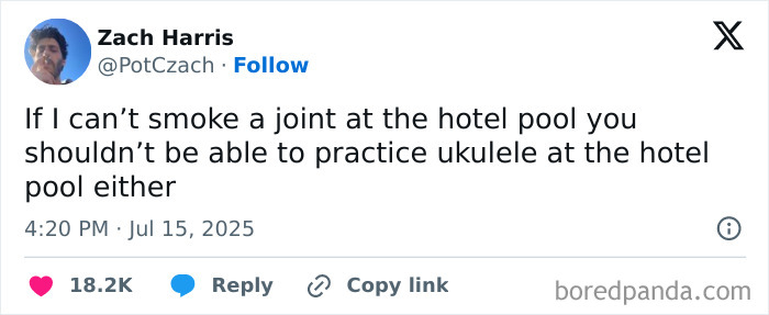 Tweet by Zach Harris humorously comparing smoking joints and playing ukulele at a hotel pool, highlighting hilarious tweets from July.