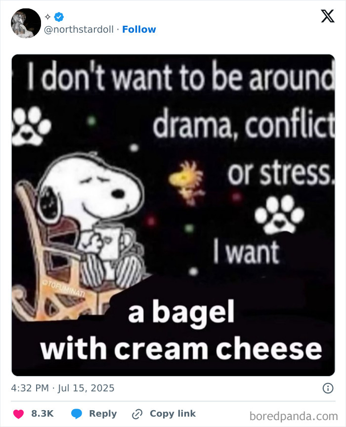 Tweet featuring Snoopy relaxing in a chair, expressing a wish for a bagel with cream cheese, humorous July tweet.