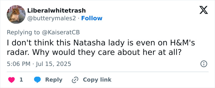 Screenshot of a tweet discussing Natasha’s relevance with H&M in a conversation about Kate Middleton’s ex-assistant and Meghan Markle. - 12
