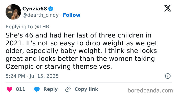 Fan defending Jennifer Love Hewitt against body shaming, highlighting challenges with weight after childbirth and aging.