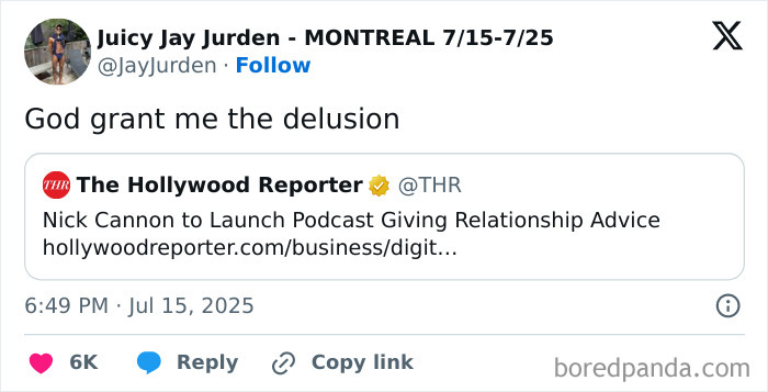 Tweet showing humorous July post with witty text and comment overlay from The Hollywood Reporter on podcast news.