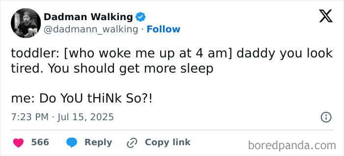 Tweet from a dad humorously sharing parenting chaos and tiredness, showcasing funny moments from moms and dads on social media.