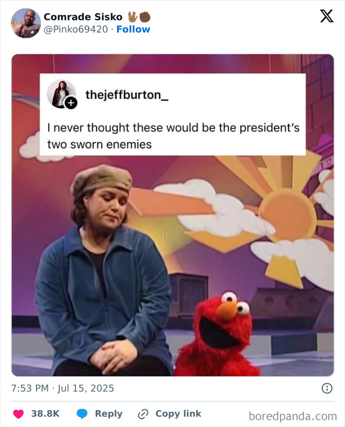 Tweet showing a woman and Elmo with a humorous caption about sworn enemies, part of hilarious tweets from July collection.