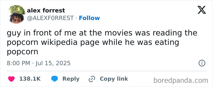 Tweet about a funny popcorn moment, part of 125 hilarious tweets from July that slapped hard socially.