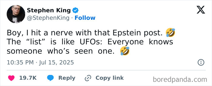 Stephen King's tweet mentioning Epstein list sparks conspiracy theories with references to UFO sightings and public reactions. - 5