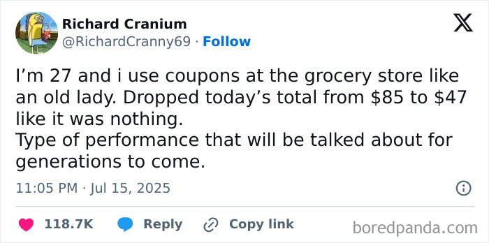 Tweet screenshot showing a humorous tweet about using coupons at the grocery store, highlighting funny viral tweets.