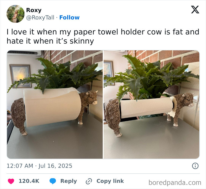 Tweet showing a humorous paper towel holder shaped like a cow, featured in hilarious tweets from July collections.
