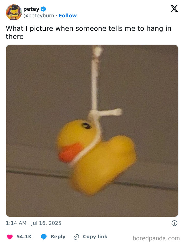 Funny tweet showing a yellow rubber duck hanging by a noose, illustrating hilarious July tweets humor and meme trend.