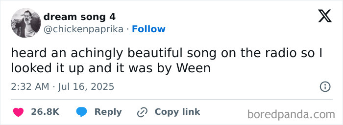 Screenshot of a hilarious tweet about hearing a beautiful song on the radio, highlighting funny tweets in July.