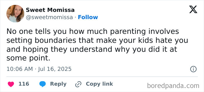 Tweet from a parent humorously discussing the challenges of parenting and setting boundaries amid family chaos.