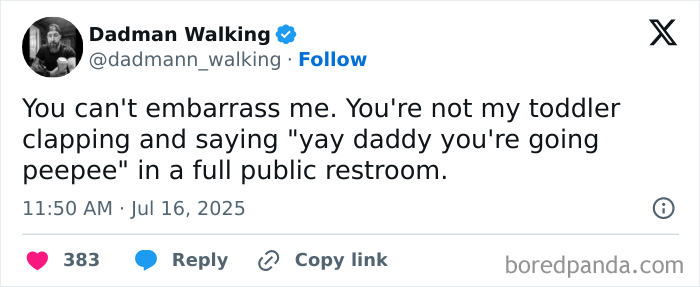 Funny tweet from a dad sharing a humorous moment in parenting amid the chaos of everyday life and toddler antics.