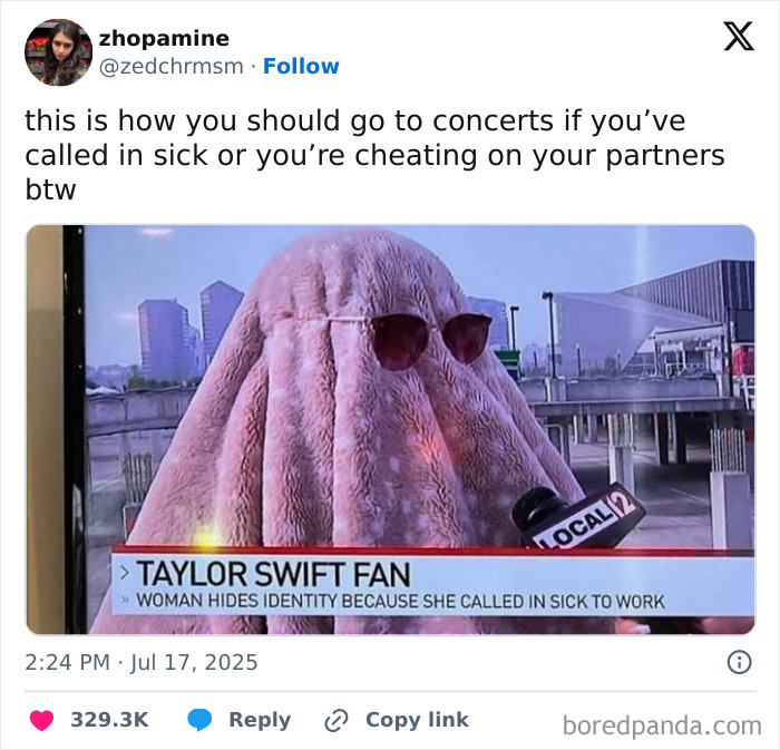 Person disguised in a pink cover with sunglasses at a concert, sparking hilarious memes related to Chris Martin CEO affair news.