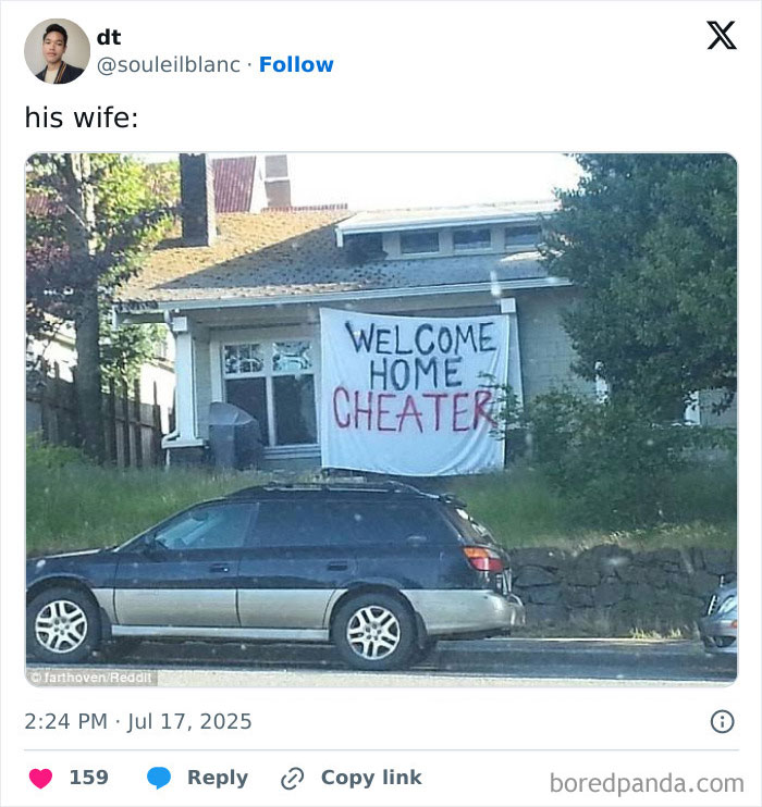 Banner with welcome home cheater message on house, linked to Chris Martin exposes CEO's affair and viral memes.