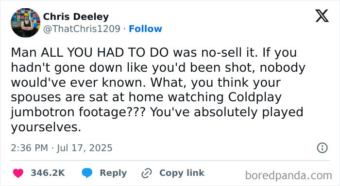 Screenshot of a tweet discussing Chris Martin exposing a CEO's affair during a Coldplay concert, sparking memes.