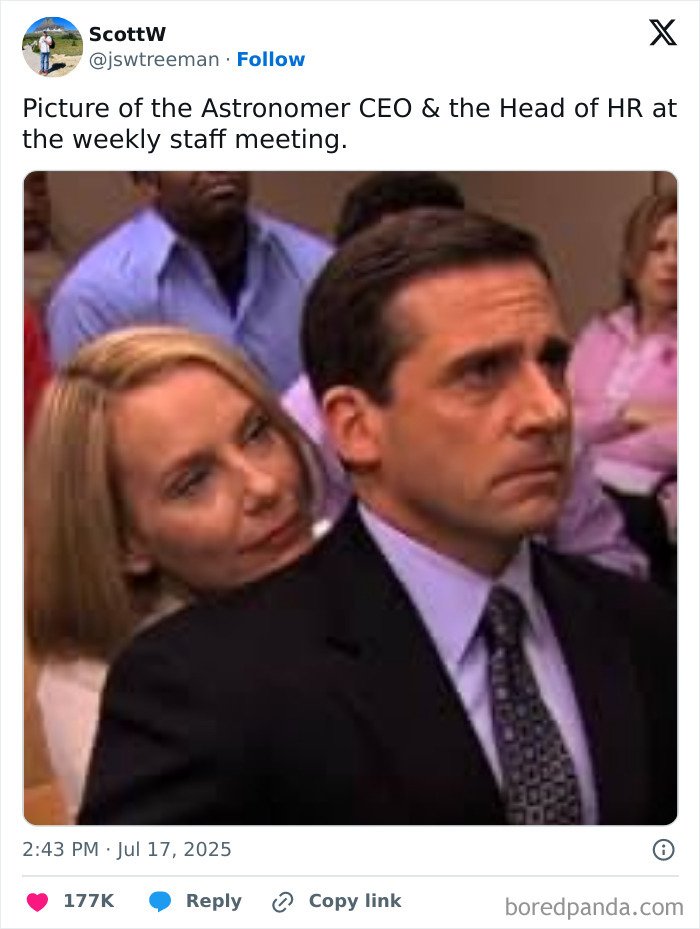 Alt text: Scene with a woman whispering to a worried man in a business setting, referencing Chris Martin CEO affair memes.