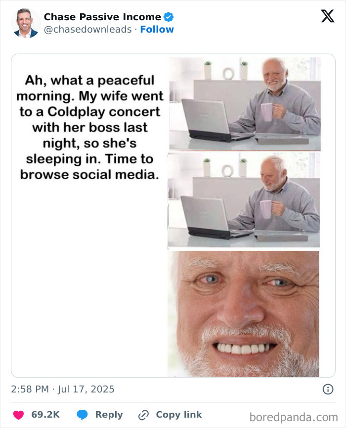 Man browsing social media with a smile after hearing Chris Martin exposes CEO's affair at Coldplay concert memes.