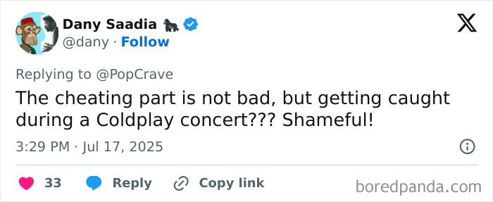 Tweet about Coldplay scandal reacting to CEO caught kissing HR chief during concert, highlighting cheating and public shame.