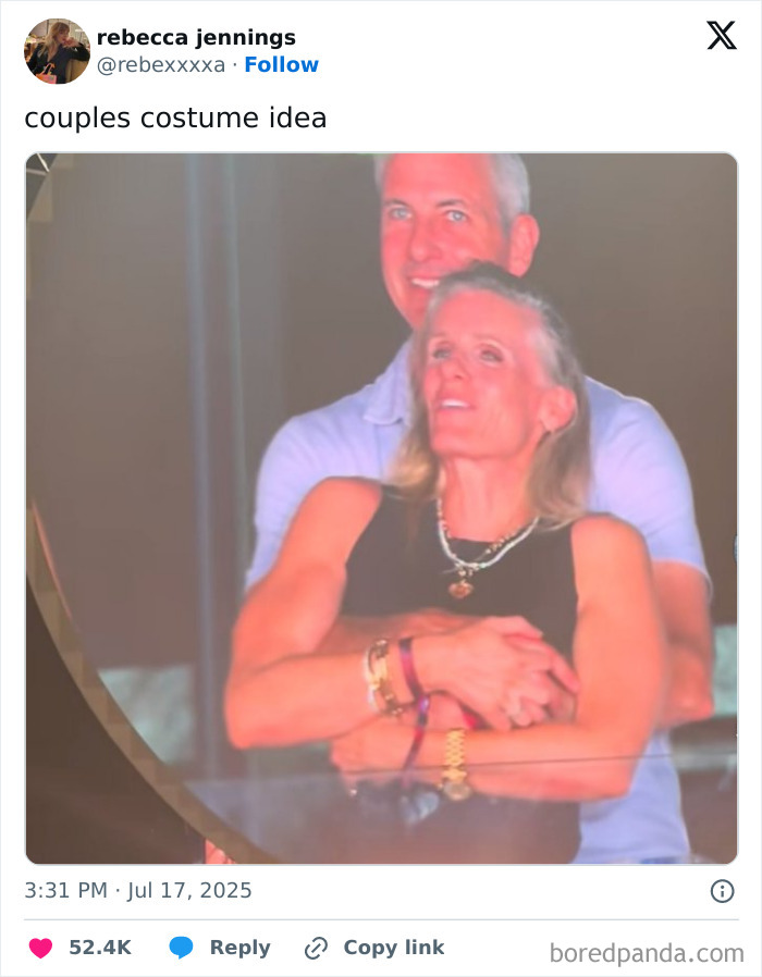 Couple posing together in affectionate embrace, meme inspired by Chris Martin exposing CEO's affair at Coldplay concert.