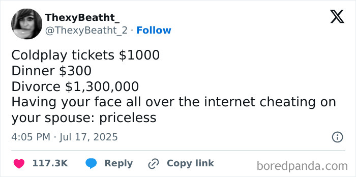 Tweet text mocking the CEO’s affair revealed at a Coldplay concert, sparking hilarious memes and jokes online.