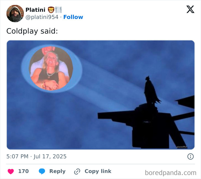 Image showing a humorous meme referencing Chris Martin exposing CEO's affair at a Coldplay concert spotlight.