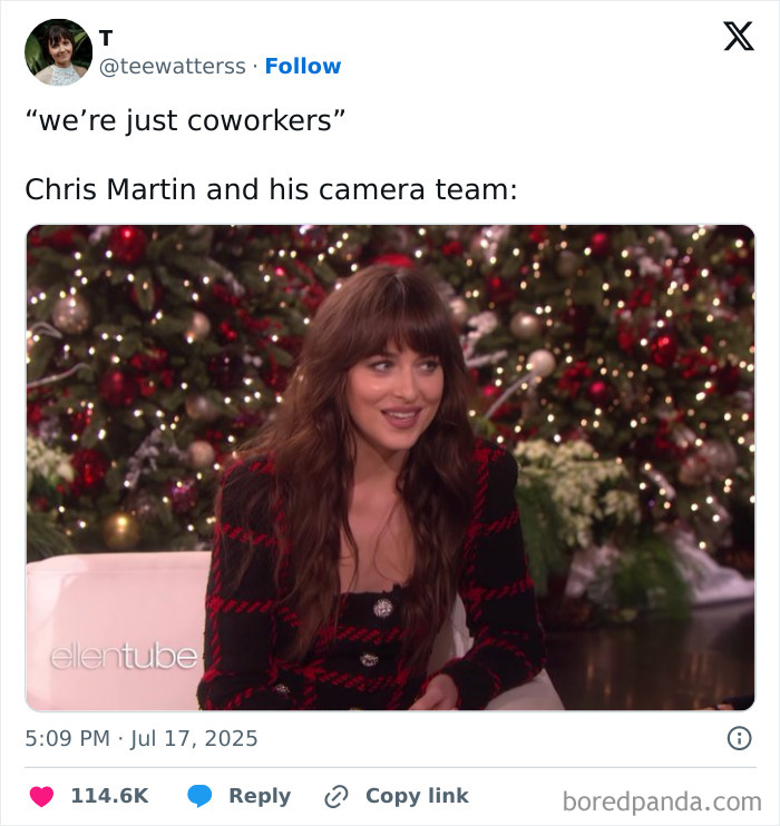 Woman with long brown hair and red-black outfit sitting in front of Christmas decorations referencing Chris Martin CEO affair memes.